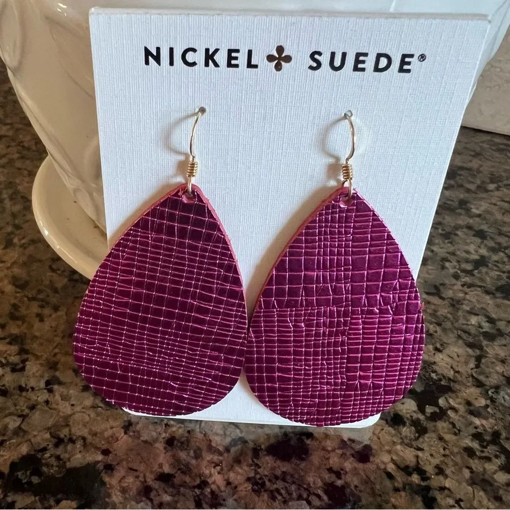 Nickel & Suede Full Grain Leather Nickel Free Textured Fuchsia Teardrop Earrings